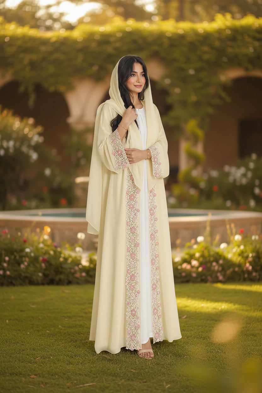 Yellow Floral Lace-Trim Abaya and Hijab Set for Eid, product view 1 1